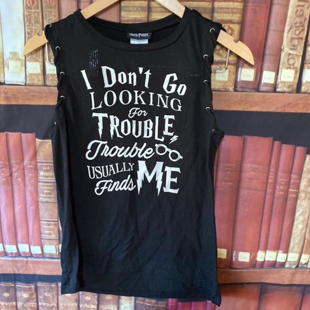 Harry Potter Trouble Usually Finds Me Lace-Up Tank Top Black